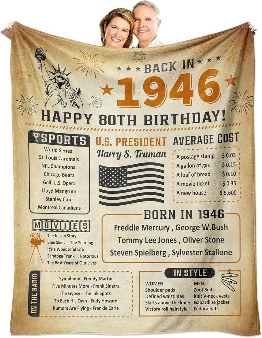 80th Birthday Gifts for Men Women, Happy 80th Birthday Decorations for Women Men, Best Gifts for 80 Year Old Woman, 80th Birthday Gift Ideas Gifts for Mom Dad Grandma Grandpa Throw Blanket 4x5ft