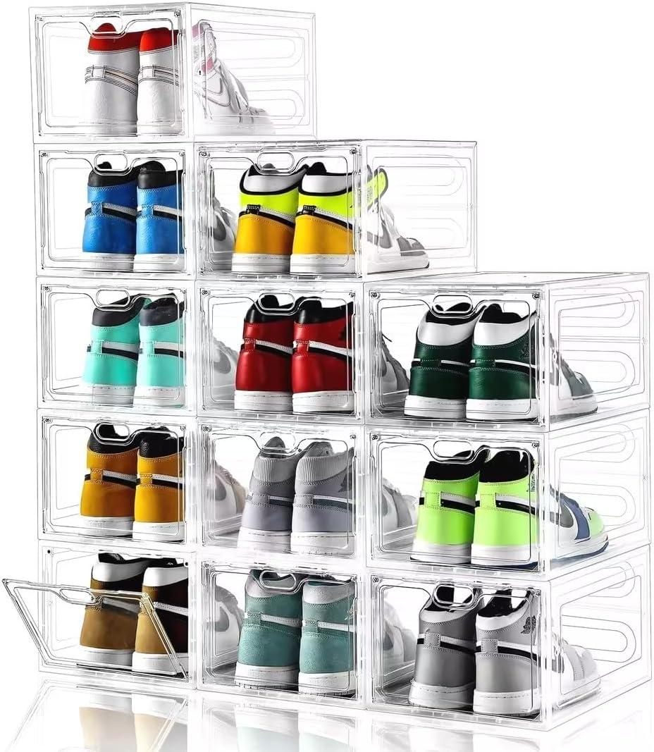 INSTY 12 Pack Large Shoe Storage Box, Clear Shoe Storage Organizer with Magnetic Door, Stackable,Shoe Containers For Display Sneakers, Easy Assembly, Fit up to US Size 12, Clear