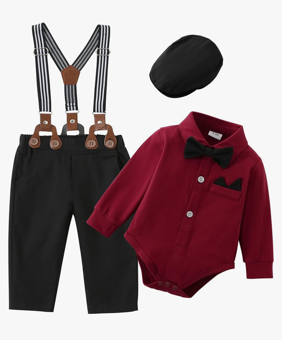 ZOEREA Baby Boy Suit 0-24M Gentleman Outfit Clothes Set Infant Long Sleeve Dress Shirt+Suspender Pants+Bowtie+Beret Hat