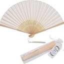 50 Sets Imitated Silk Hand Fan with Tassel and Organza Bags and Thank You Tags Fabric Handheld Folding Fans Bamboo Frame Bridal Dancing Props Wedding Party Favors (Cream)