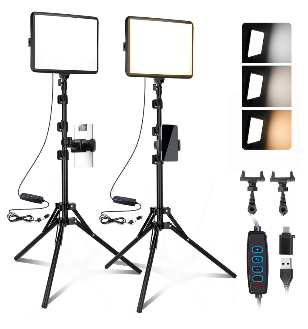 2-Pack LED Video Light Kit, NiceVeedi Studio Light, 2800-6500K Dimmable Photography Lighting Kit with Tripod Stand&Phone Holder, 73" Stream Light for Video Recording, Game Streaming, YouTube