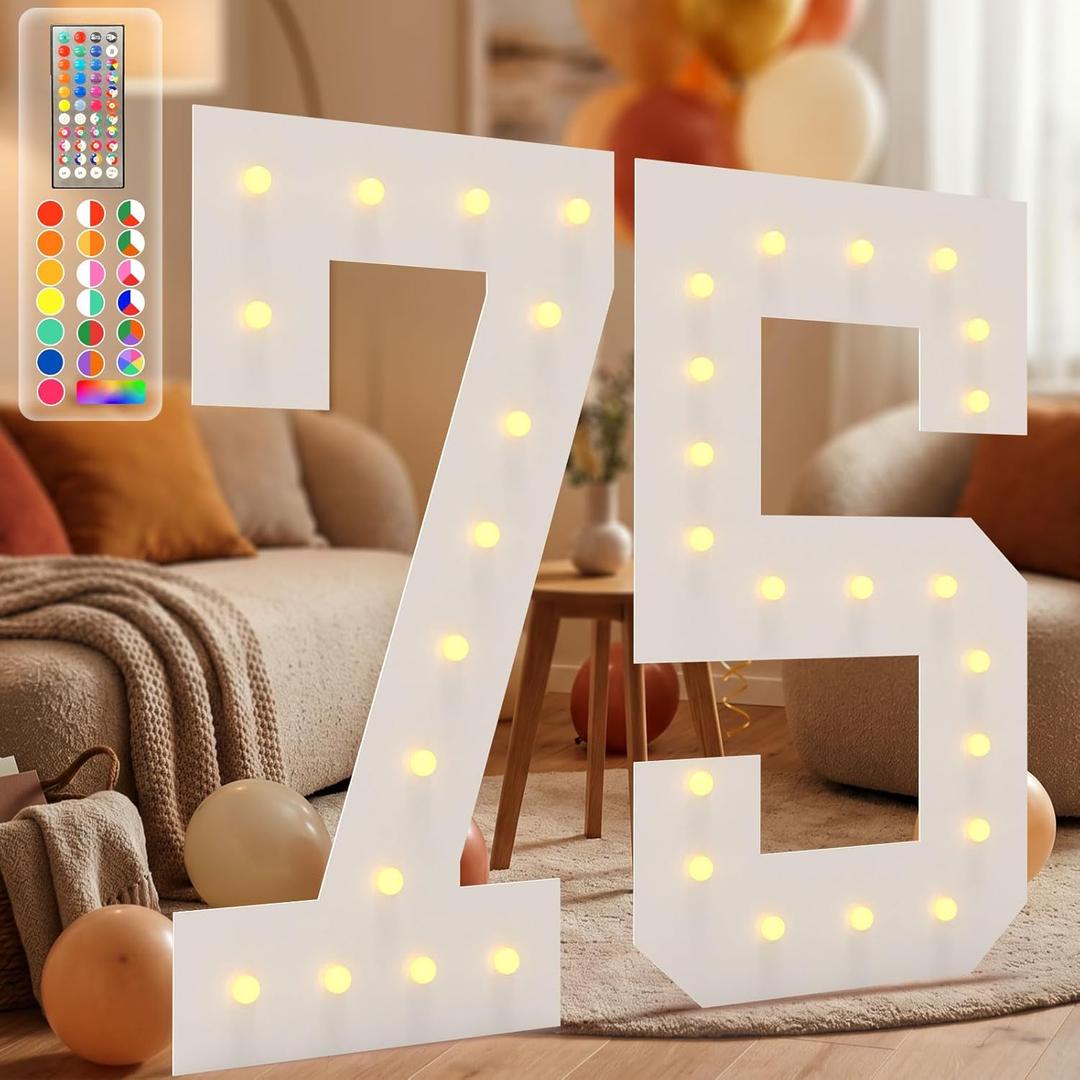 4FT Marquee Light Up Numbers, 34 Colors Changing Marquee Numbers with Remote,Water Bag, 4FT Light Up Numbers for 75th Birthday Party Decorations Backdrop Anniversary Decor, Large Number 75