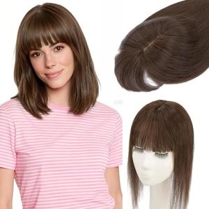 Rich Choices Real Human Hair Toppers for Women 3D Cover Clip in Bangs 100% Remy Human Clip in Silk Base Hair Topper with Bang for Thinning 150% Density 10 Inch #2R Chocolate Brown