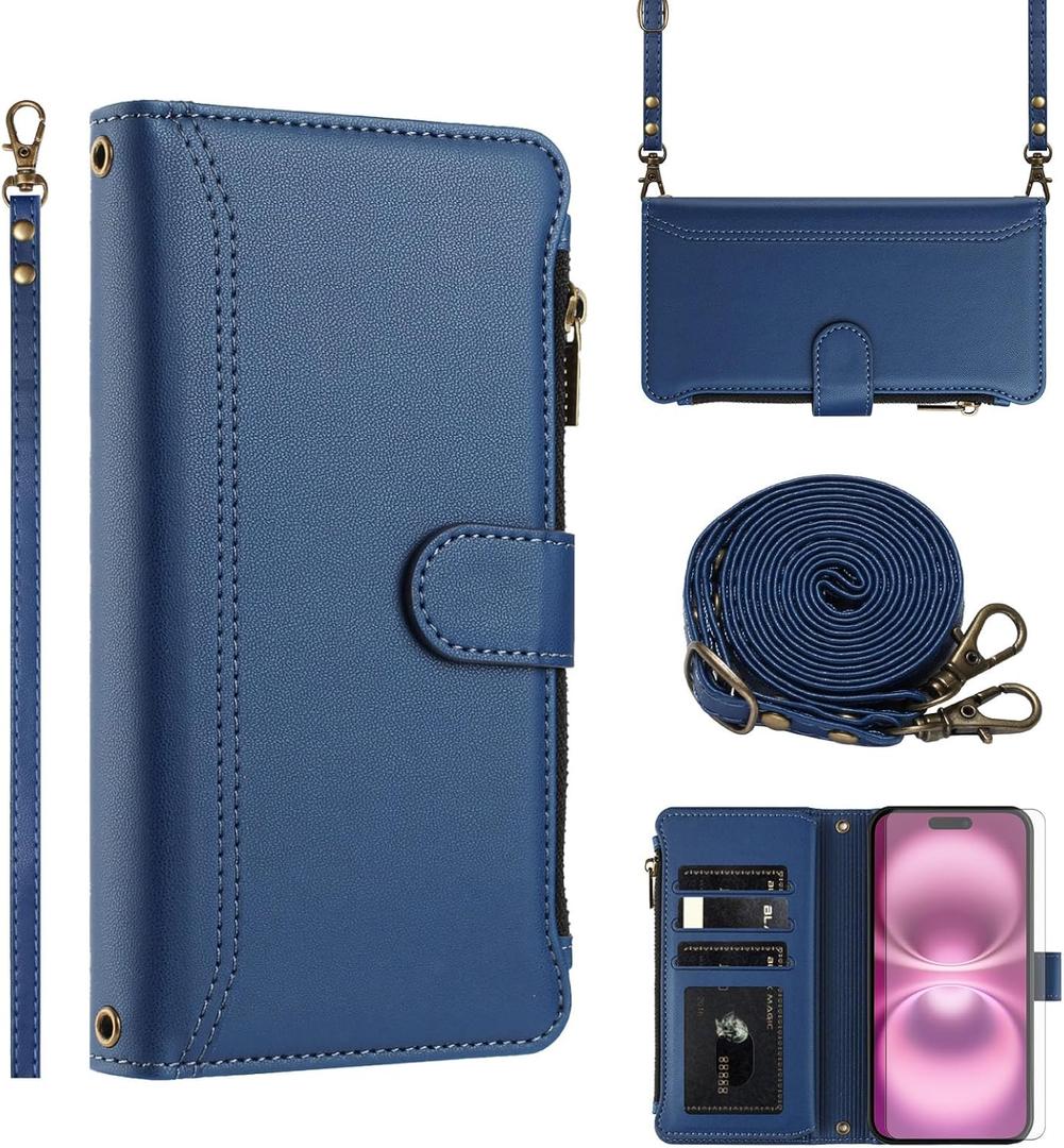 Asuwish Phone Case for iPhone 17 Pro 6.3 inch Wallet Cover with Tempered Glass Screen Protector Crossbody Wrist Strap Leather Flip Zipper Credit Card Holder Stand Cell i Phone17 i17 17Pro Women Blue