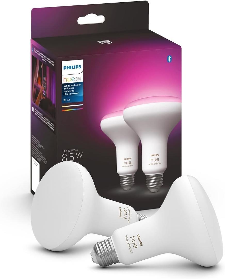 Philips Hue BR30 LED Smart Light Bulbs - Flicker-Free 85w Light Bulbs - Bluetooth Compatible, Compatible with Alexa, Google Assistant, and Apple HomeKit - E26 Base - 2 Pack (White and Color Ambiance) Philips Hue BR30 LED Smart Light Bulbs - Flicker-Free 85w Light Bulbs - Bluetooth Compatible, Compatible with Alexa, Google Assistant, and Apple HomeKit - E26 Base - 2 Pack (White and Color Ambiance)