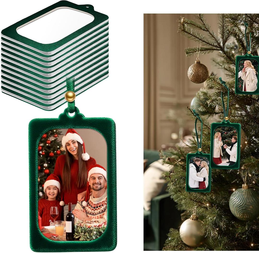 Bucherry 12 Pcs Christmas Velvet Hanging Photo Frame Ornaments 23 Inch Vintage Photo Ornaments Display Picture Xmas Frame Craft Kits for Family Christmas Tree Decor Home, Party(Dark Green)