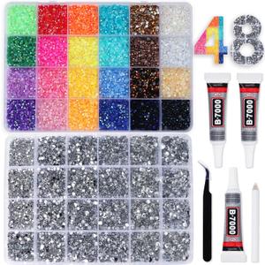 2 Boxes Rhinestones for Bedazzling Kits, Multicolor 3mm & Silver Clear 2/3/4/5/6mm Resin Flatback Gems for Diamond Art, Bedazzler Kit with 3Pcs 10ml B7000 Jewelry Glue for DIY Crafting Crafts Decor
