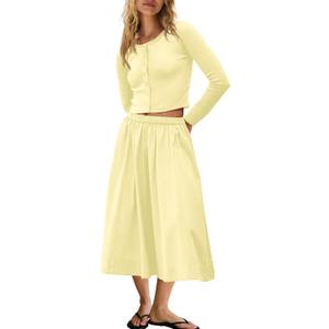 Panadila Womens 2 Piece Lounge Sets Matching Vacation Outfits Ribbed Button Down Cardigan and Elastic Waist Skirt Sets (X-Large, Light Yellow)