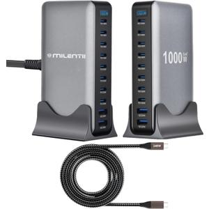 2026 Upgraded 1000W 10-Port GaN 4 Desktop Charging Station with 240W 6.6 ft Data Cable -USB Charger Block- Compatible with Tablets, Phones, Laptops, Gaming Consoles, Headphones