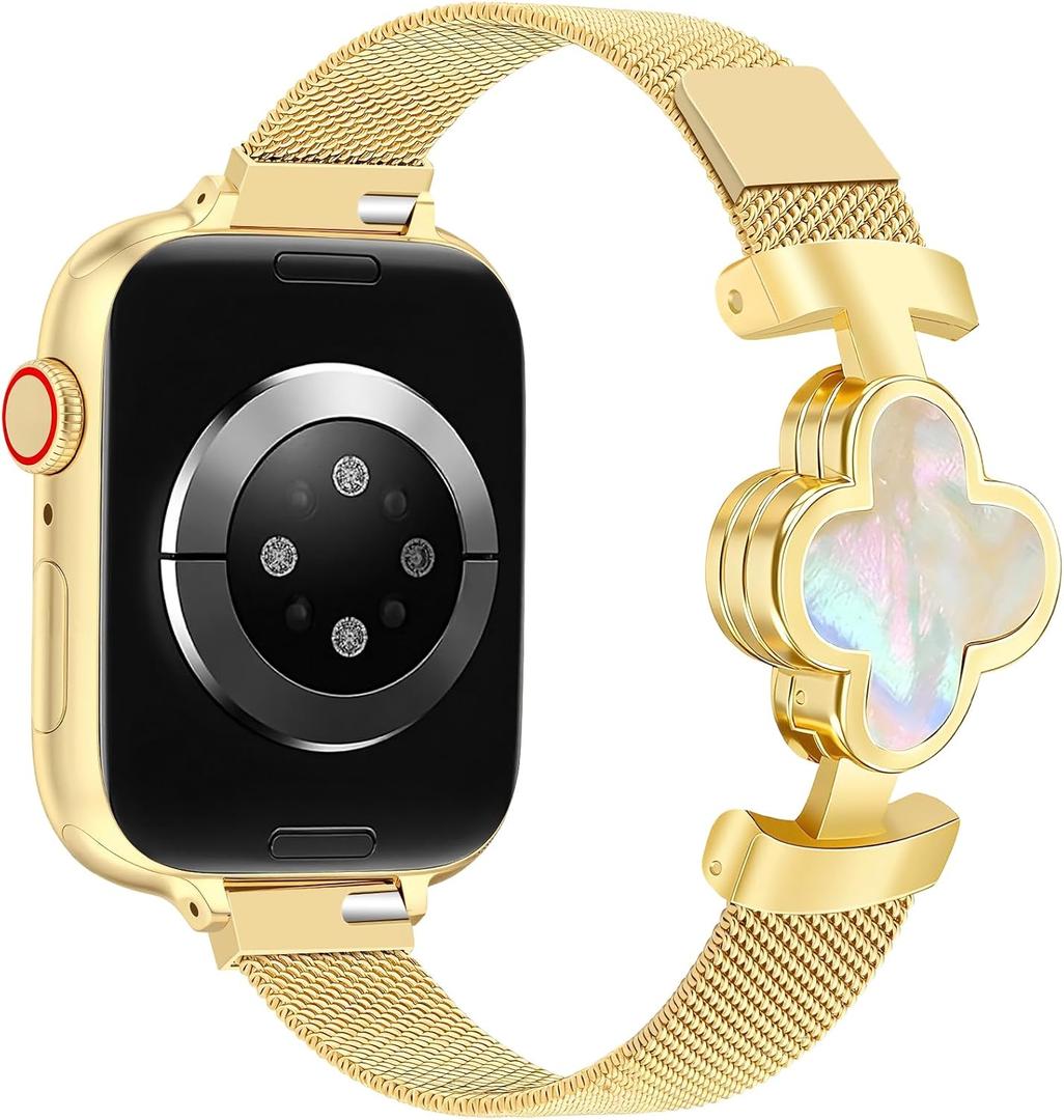 MOINSPIRE Slim Mesh Metal Band for Women with Small Wrists Compatible with Apple Watch 38mm 40mm 41mm 42mm(S10/11) Four-Leaf Clover Magnetic Milanese Loop Strap for iWatch Series 11/10/9/8/7/6/5/4/SE/3/2/1