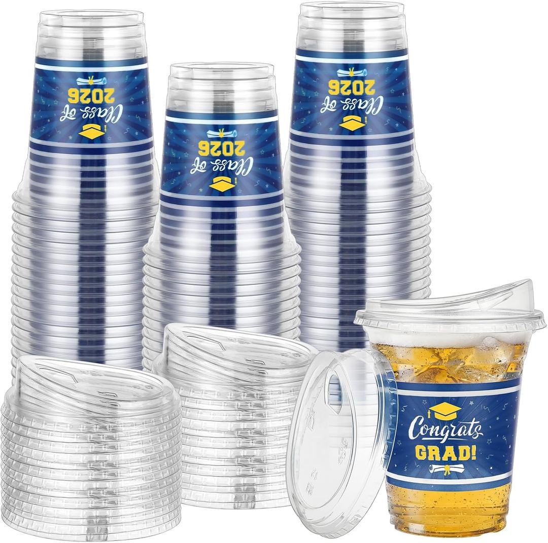 Bokon 100 Pcs 2026 Blue Graduation Plastic Cups Bulk with Strawless Sip Lids 12oz Disposable Congrats Grad Cup Drinkware Class of 2026 Celebration for College Tableware Party Supplies Decorations, about 12 oz