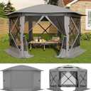 GarveeLife 13x13FT 6-Sided Pop Up Gazebo TentOne-Push Setup Canopy Tent with Removable Canopy Top & Wind Cloths, Outdoor shelter for Camping, Backyard Parties, Outdoor Events - Grey (Gray)