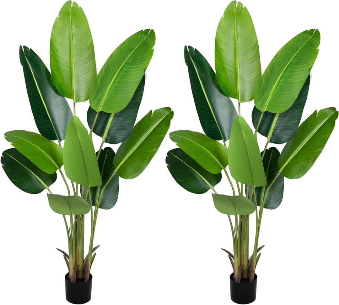 Artificial Bird of Paradise Plant 5.2Ft Fake Tropical Palm Tree with 10Trunks Faux Banana Leaf Trees in Pot for Home Indoor Outdoor Office Modern Decor Housewarming Gift2Pcs (2pack)