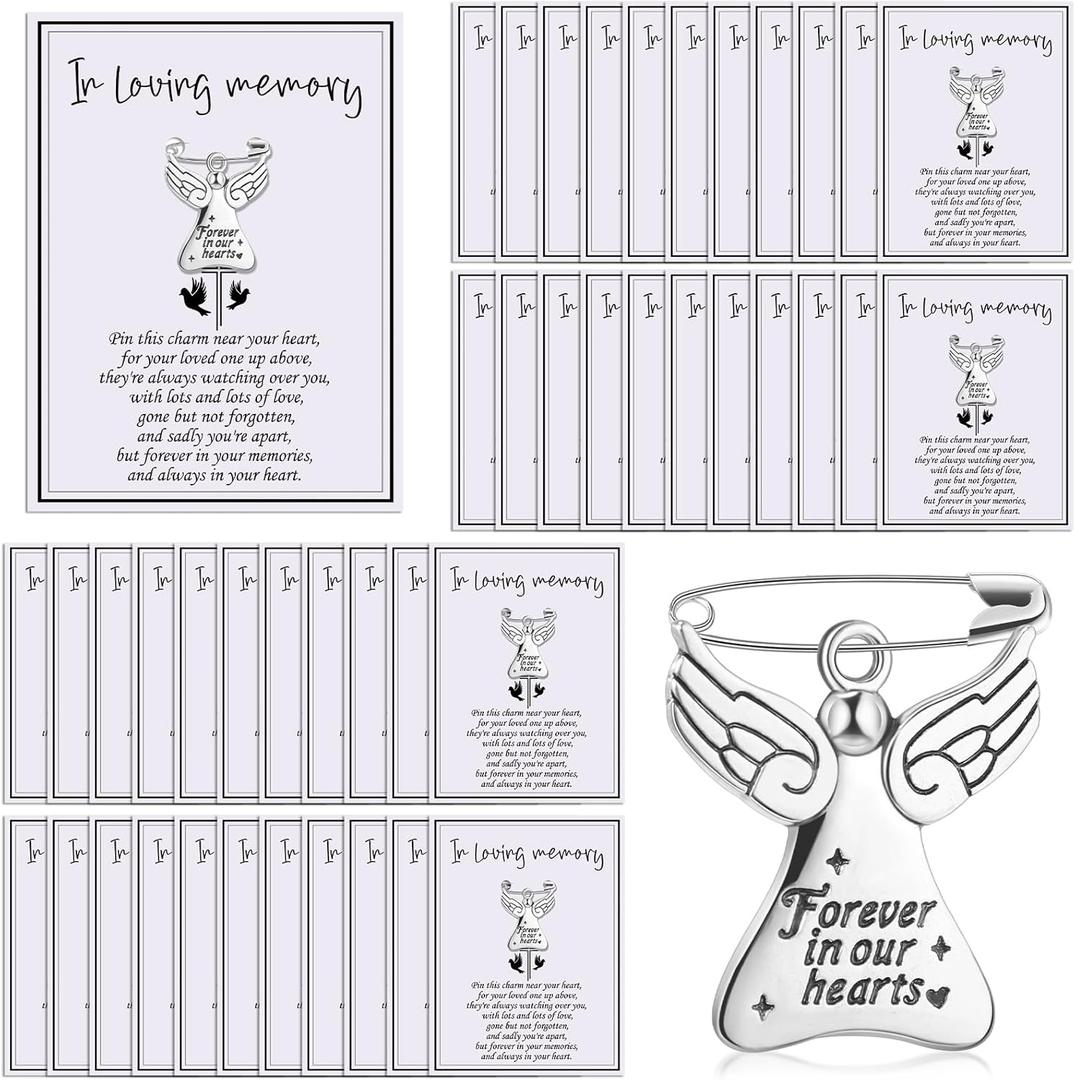 Inbagi 50 Set Funeral Memorial Pins Angel Charm Keepsakes Memorial Message Charms Pendant with Card in Loving Memory Cards with Safety Pins for Guests Mourning Brooch Sympathy Gifts