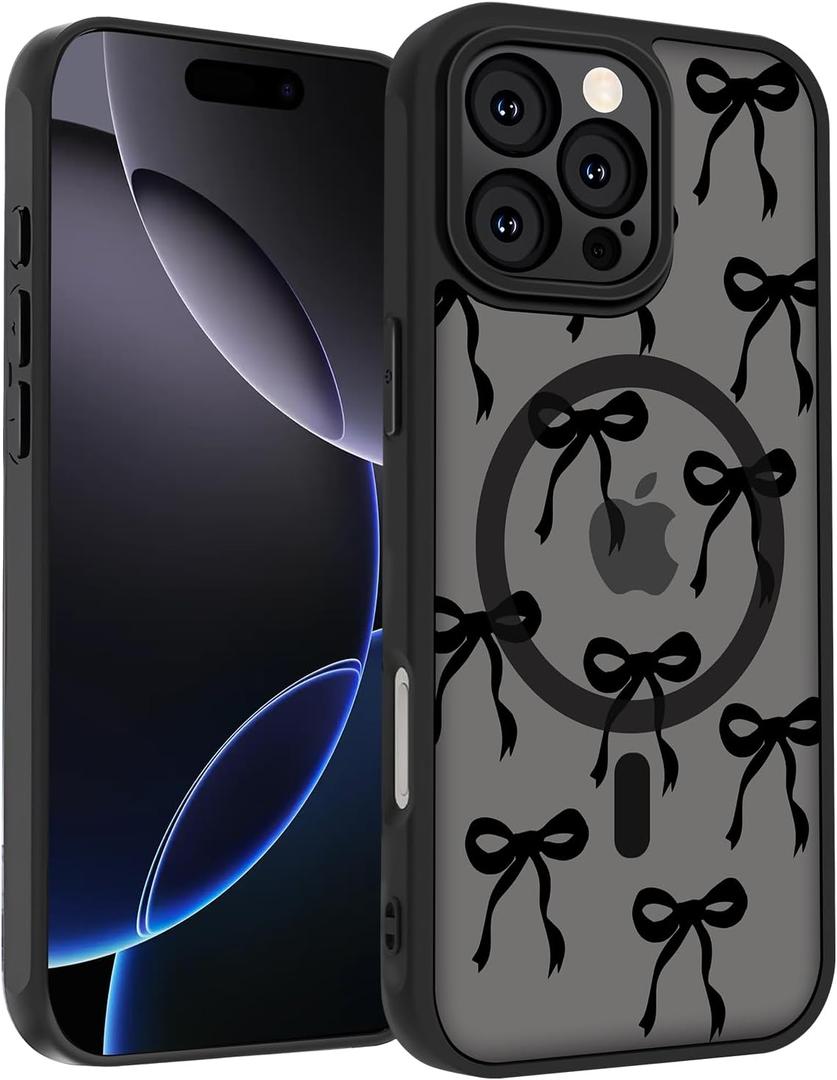 for iPhone 16 Pro Case, Black Cute Ribbon Bow Pattern Print Magnetic Case [Compatible with MagSafe] [Translucent Matte] Slim Shockproof Protective Bowknot Women Girls Phone Case 6.3"