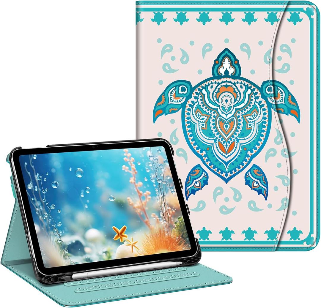 Fintie Case for iPad (A16) 11th Generation 11 Inch (2025), iPad 10th Generation 10.9 Inch (2022), Multi-Angle Viewing Protective Stand Cover with Pencil Holder & Pocket, Green Sea Turtle