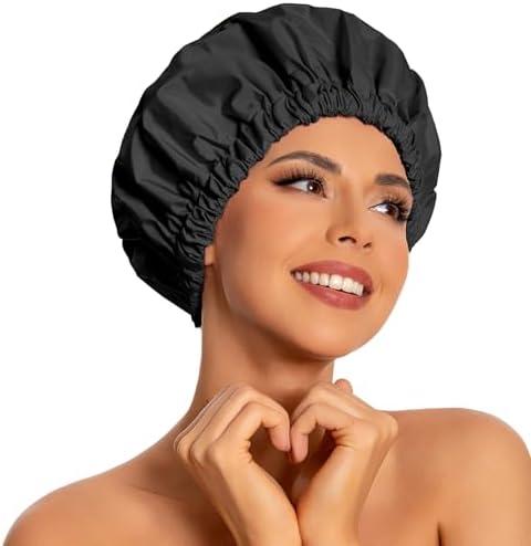 Reusable Shower Cap for Women, Large Waterproof Shower Bonnet Washable Elastic Band Bath Accessories Hair Hat for Long Hair, Braids(Black)
