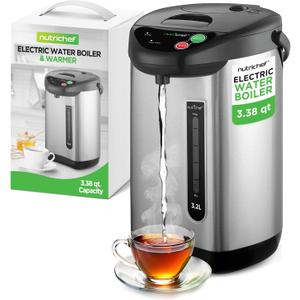NutriChef Hot Water Urn Pot Insulated Stainless Steel,Auto & Manual Dispense,Auto Boiler,Safety Lock Shutoff 3.38 QT /3.2L - Auto Boiler Shut Off - PKWK43