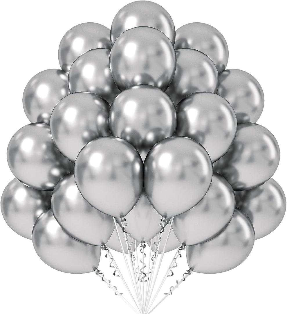 FOTIOMRG Metallic Silver Balloons 12 inch, 50 Pack Chrome Silver Latex Party Balloons Helium Quality for Birthday Graduation Baby Shower Disco Wedding Party Decorations (with Silver Ribbon)