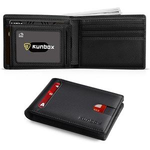 RUNBOX Novelty Wallet for Men Slim 11 Credit Card Holder Slots Leather RFID Blocking Small Thin Men's Wallet Bifold Minimalist Front Pocket Large Capacity Gift Box, Modern Black