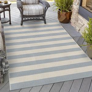 OJIA Washable Area Rugs 4'x6', Striped Outdoor Rug Cotton Woven Entryway Rugs Indoor Patio Rugs Carpet Large Area Rugs for Bedroom/Porch/Deck/Backyard/Camping/Living Room (Blue/White/Tan)