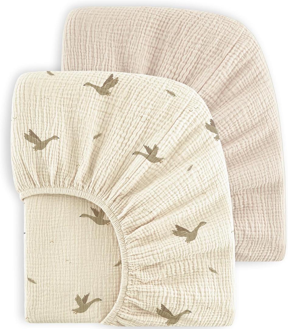 Bearmoss Muslin Crib Sheets - 100% Cotton Baby Crib Sheets Fitted for Standard Crib Mattress & Toddler Bed Mattress 52"x28" Soft Breathable Crib Sheet Neutral for Boys Girls - 2 Pack (Goose White)