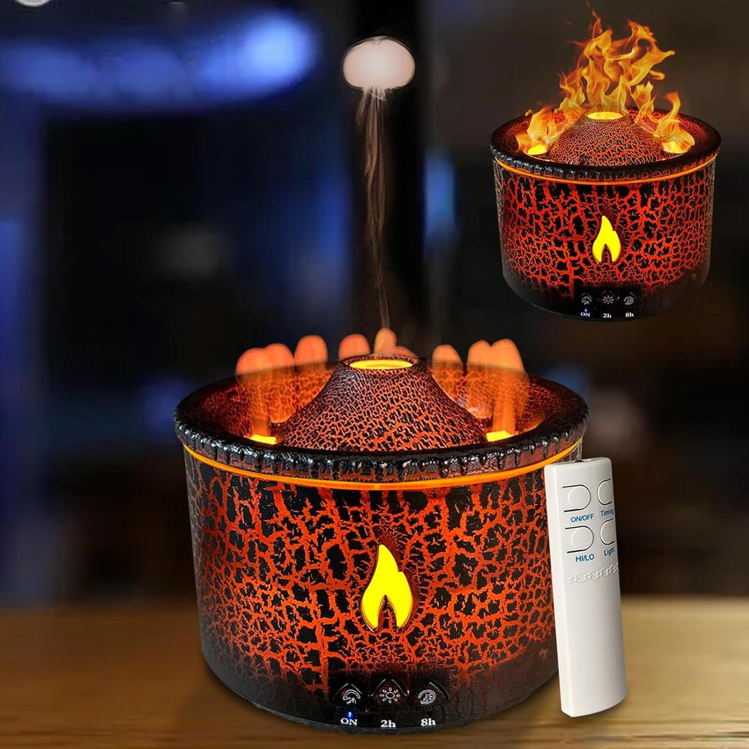 Cechlicht Volcano Diffuser, Essential Oil Diffuser 300ml Volcano Humidifier with Flame & Volcano Mist Mode, 2 Colors, Timer, Auto ShutOff, Remote Control, Flame Diffusers for Home Bedroom Black