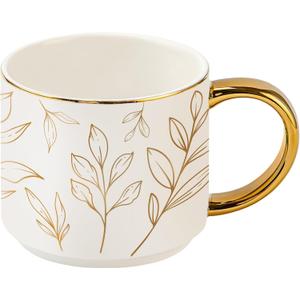 Sweet Water Decor Gold Leaves Mug with Gold Handle, 14oz Fine Bone China Coffee Cup for Tea, Latte, or Hot Cider, Autumn Leaf Drinkware, Fall Decorations for Kitchen, Gift for Mom, Sister & Wife