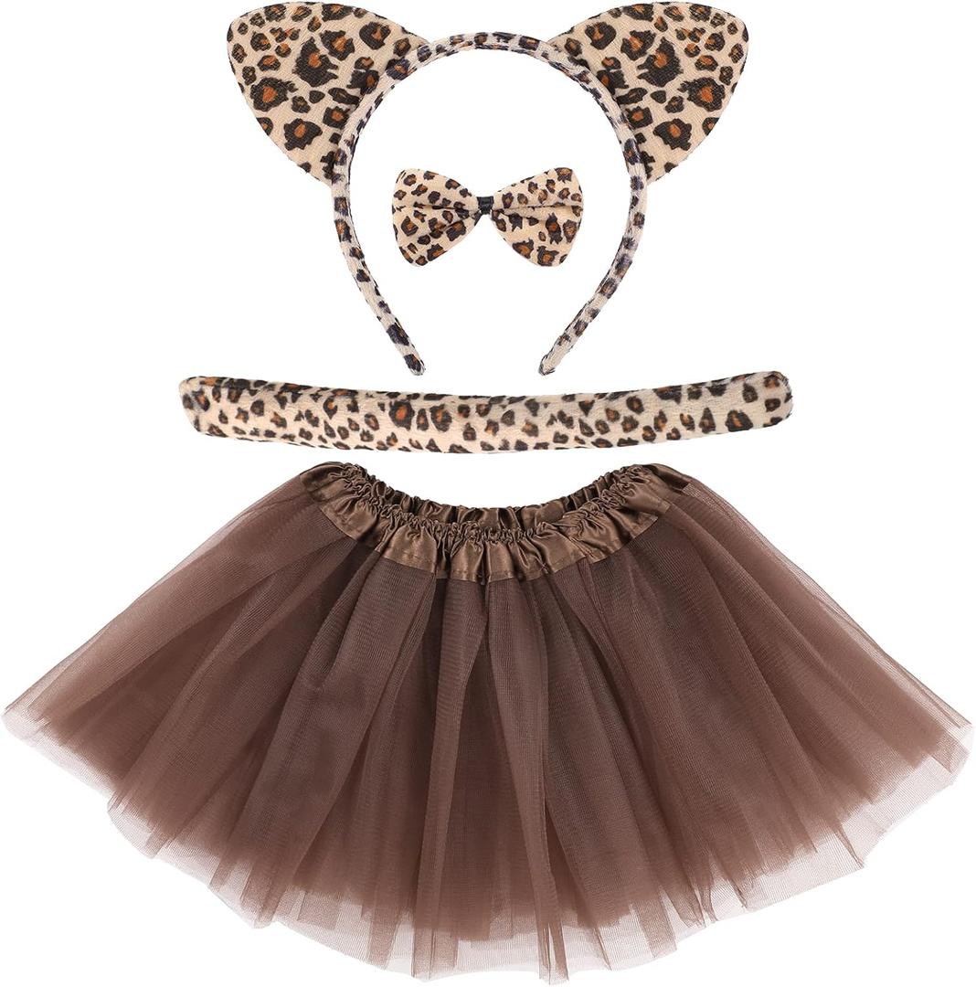 Neer 4 Pcs Cheetah Leopard Cat Ears Headband Tails Ears Bow for Halloween Animals Zoo Keeper (Adults 21.65 Inch, Brown)