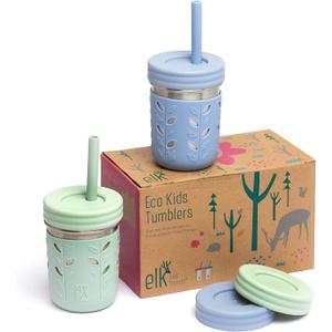 Elk and Friends 10oz Stainless Steel Kids + Toddler Drinking Cups | The Original Mason Jar with Sleeves + Lids | Silicone Straws | Smoothies | Storage Jar | Spill Resistant | Dishwasher Safe | 2 Pack (Sage/Misty Blue)