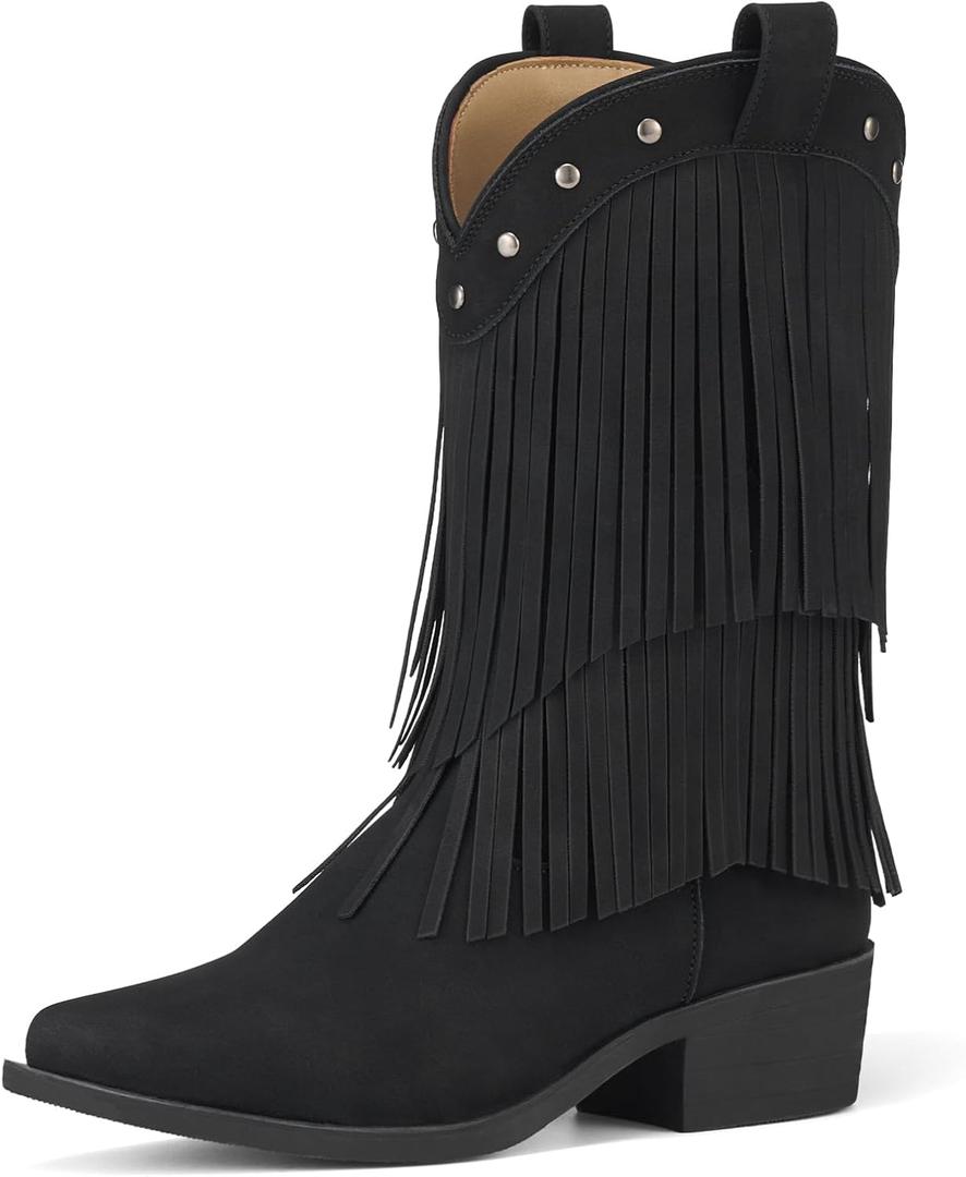 Rollda Girls Cowboy Boots with Tassel, Fringe Cowgirl Boots, Snip Toe, TPR Outsole, Kids Western Boots Stylish & Comfortable for All-Seasons, Toddler/ Little Kid/ Big Kid, Black, Size: 4 Little Kid
