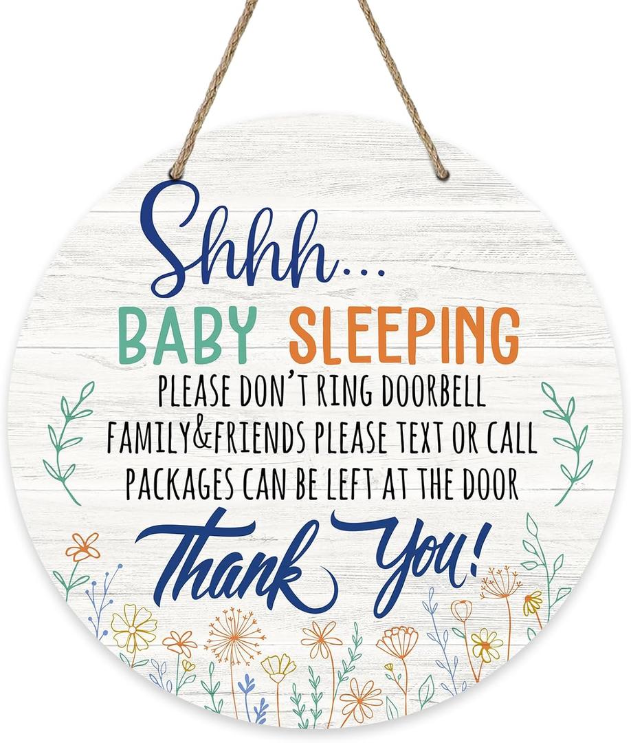 Deroro Shhh Baby Sleeping Front Door Sign, Please Don't Ring Doorbell Farmhouse Wood Door Hanger Outdoor Outside Porch Baby Room Decor, Rustic Wooden Wreath Indoor Wall Hanging Decoration