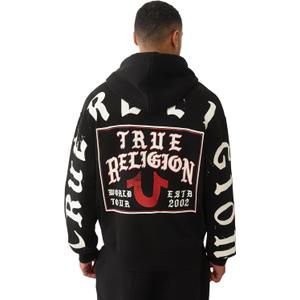True Religion Men's TR Flag Relaxed Zip Up Hoodie Casual Full Zip Graphic Sweatshirt (Black, S)