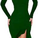 BORIFLORS Women's Sexy Ruched Bodycon Midi Dresses Elegant Mesh Long Sleeve Square Neck Ruffle Hem Cocktail Party Dress XS