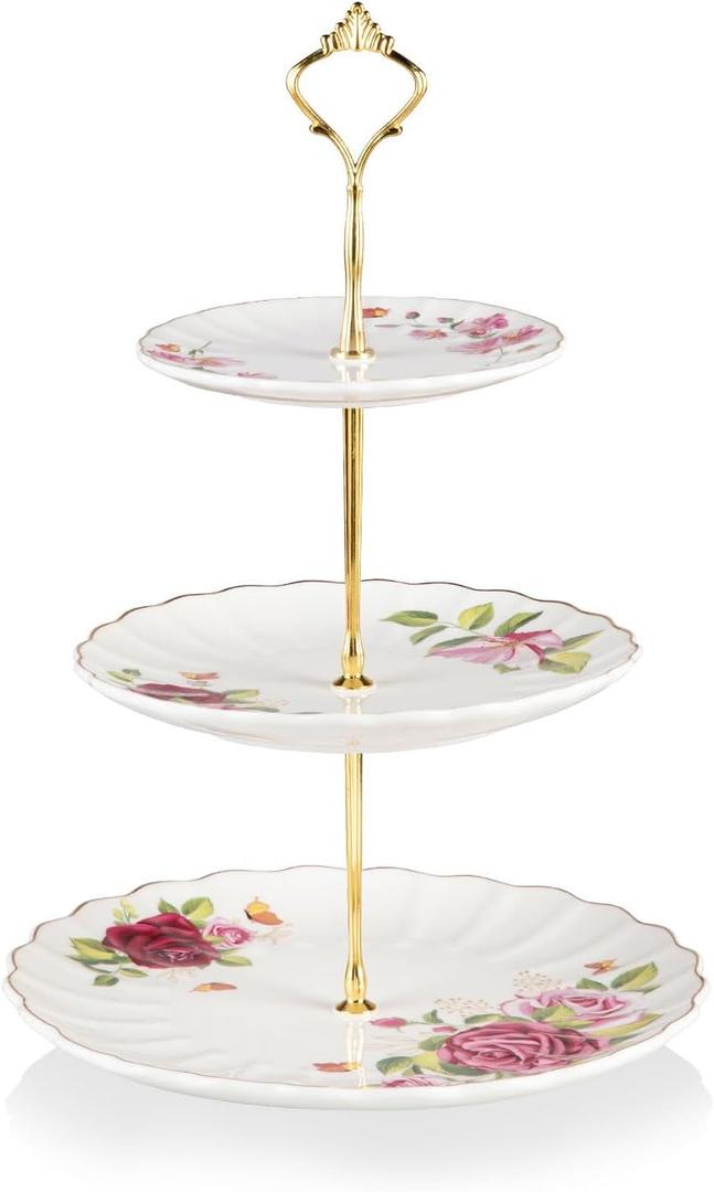 Sweejar 3 Tier Ceramic Cake Stand Wedding, Dessert Cupcake Stand for Tea Party Serving Platter (Fresh Flower)