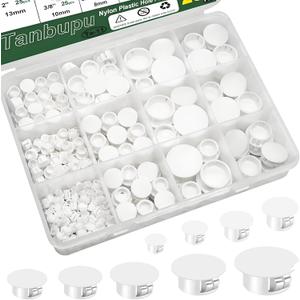 200Pcs 9 Sizes Nylon Plastic Hole Plugs 1/5" 1/4" 5/16" 3/8" 1/2" 5/8" 3/4" 7/8" 1"Round Hole, Flush Type Panel Knockout Locking Plugs,Screw Covers for Furniture Cabinet Insert End Caps(white)