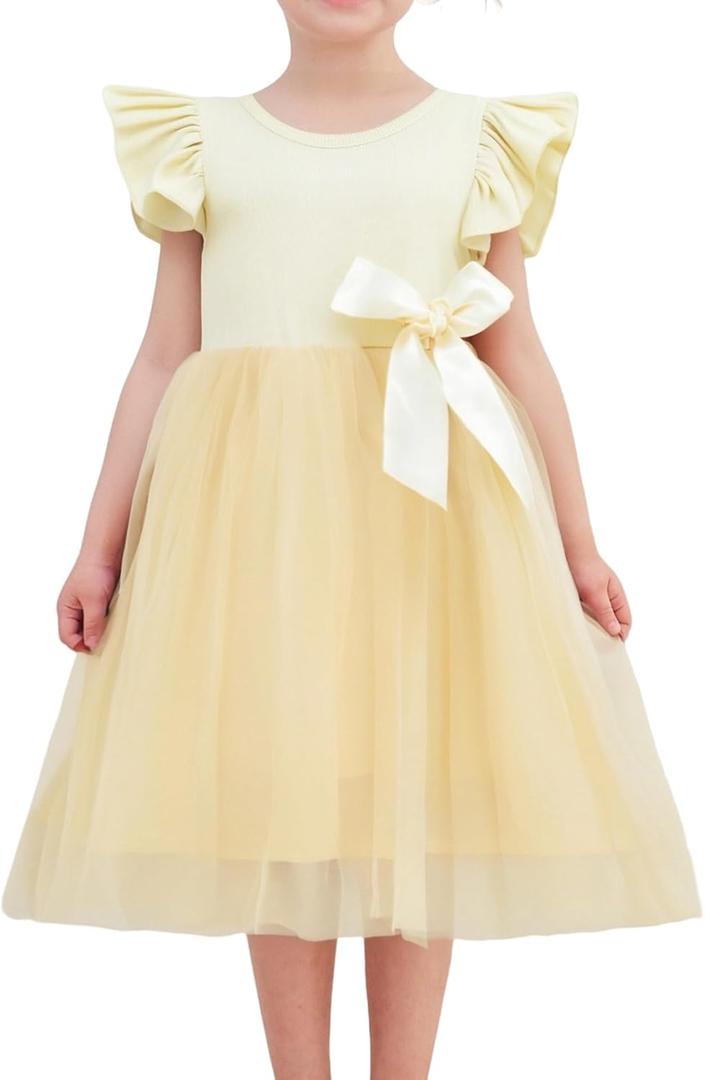 Girls Casual Tulle Tutu Dress Baby Toddler Ruffle Sleeves Bow Princess Party Dresses (7 Years, Apricot), 150