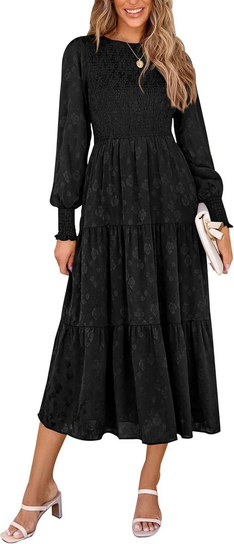 PRETTYGARDEN Women's Fall Spring Midi Dress Long Sleeve Floral Smocked Elegant Wedding Guest Long Flowy Dresses with Pockets (Medium, Black)