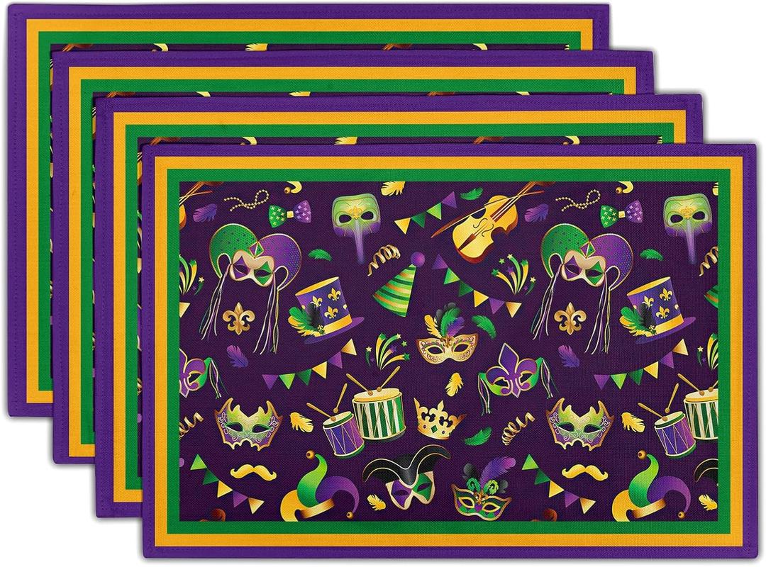 Mardi Gras Placemats Set of 4 18x12 Inch Carnival Fleur De Lis and Masks Linen Place Mat Heat-Resistant Washable Wipeable Table Mat for Party Kitchen Dining Home Decor