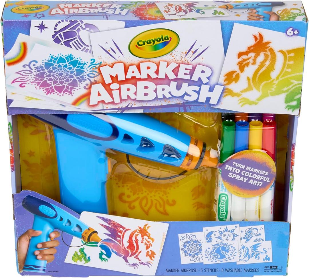 Crayola Marker Airbrush Spray Art Kit, Essential Easter Basket Stuffer for Kids, Battery-Powered Sprayer with 8 Washable Markers & 5 Stencils, DIY Craft Set, Ages 6+