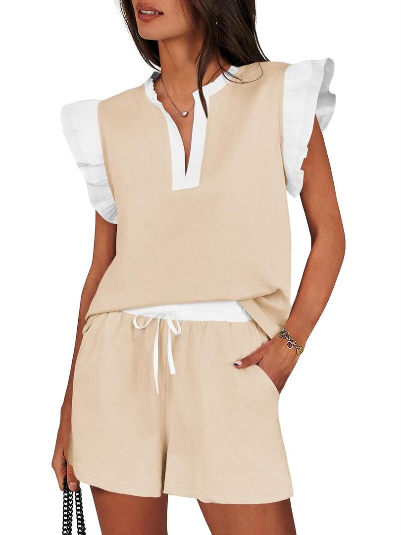 Tankaneo Womens 2 Piece Lounge Sets Summer Outfits V Neck Ruffle Cap Sleeve Tops and Shorts Vacation Matching Set, M