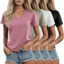 Riyiper 4 Pack Women's V Neck T Shirts, Summer Casual Short Sleeve Tops Cotton Loose Rolled Sleeve Tees 2025 Trendy Shirts (X-Large, Pink, White, Bean Green, Black)