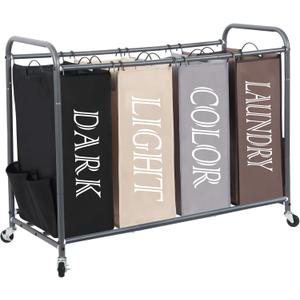 STORAGE MANIAC Laundry Sorter 4 Section, 47.8 Gal (181 L) Laundry Hamper with Wheels, Clothes Divider Basket Sorter, Clothes Separator Hamper Cart with Wheels and Removable Bags, Multicolored