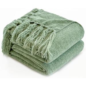 Simple&Opulence Soft Chenille Throw Blanket 50'' x 60'' - Cozy Fluffy Blanket with Fringe Tassel, Farmhouse Boho Blankets for Couch Bed Office Chair Gift Home Decor All Season Use,Sage Green