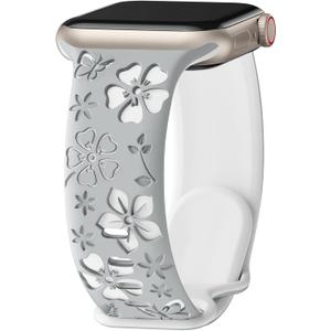 Floral Engraved Band Compatible with Apple Watch Band Women 40mm 38mm 41mm 42mm 44mm 45mm 46mm 49mm, Soft Silicone Two-Tone Flower Sport Strap for iWatch Series 10 9 8 7 6 5 4 3 2 1 SE Ultra