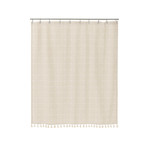 72"x72" Beige Grid Shower Curtain with Tassel Trim – Boho Chic Bathroom Decor
