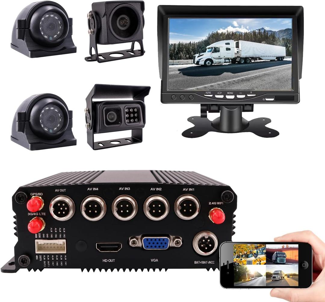 JOINLGO 4 Channel WiFi GPS 4G LTE Cellular 1080P Vehicle Bus CCTV DVR Video Recorder Kit Remote View on APP/Web 4 Side Front Rear View IP68 Backup Cameras for Truck RV Bus Van Fleet (kit with 7inch Screen)