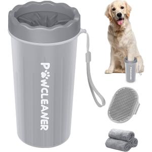Comotech Dog Paw Washer with Bath Brush - Large, Grey (with 3 Absorbent Towels, Adjustable Handle for Long & Short Haired Dogs)