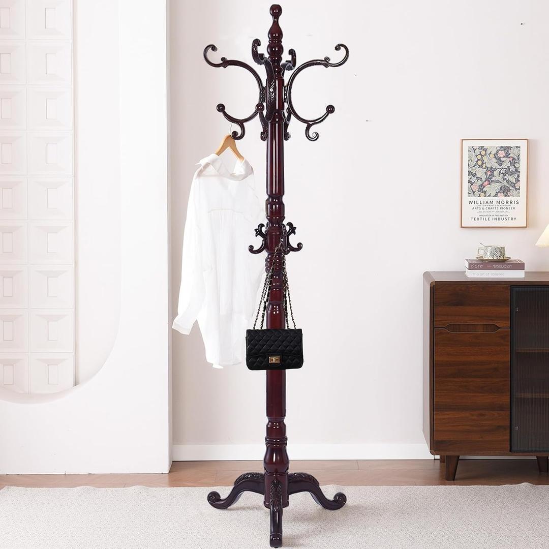 Wooden Coat Racks, Retro 78" Coat Tree with 12 Hooks & Stable Triangular Base, Entryway Coat Rack Freestanding for Hat, Clothes, Scarves, Handbags, Umbrella (Mahogany)