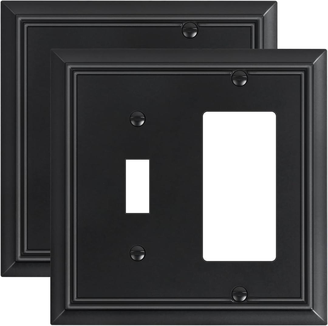2-Pack Combo Toggle/Decorator Light Switch Cover Plate, Matte Black Decorative Electrical Outlet Covers, Durable Natural Bamboo Fiber Switch Plates and Outlet Covers, Corrosion Resistant